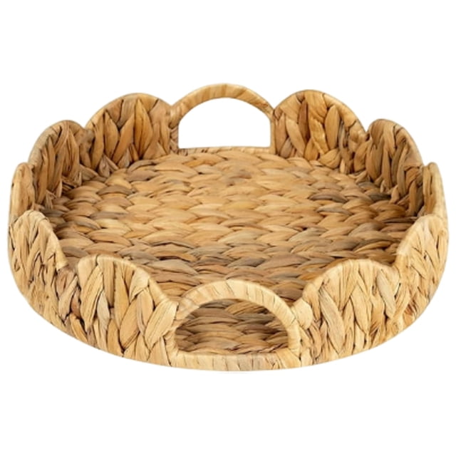WUSUOWEI 1PC Elliptical Wicker Scalloped Tray with Handles,Rattan Serving Trays with Handles,Handwoven Storage Tray,Portable Camping Picnic Organizer for Snacks,Decorative Storage for Home,Kitchen