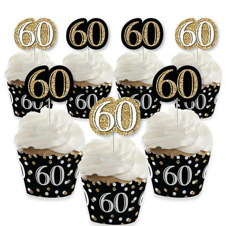 Adult 60th Birthday - Gold - Cupcake Decoration - Birthday Party Cupcake Wrappers and Treat Picks Kit - Set of