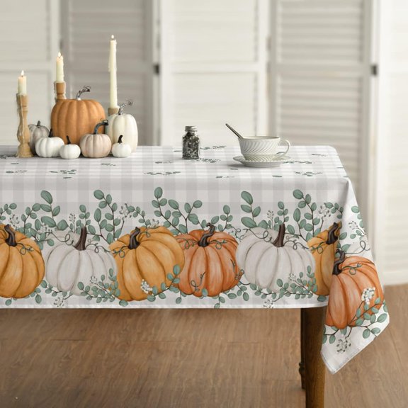 Fall Tablecloth 60x120 Inch Rectangular, Thanksgiving Autumn Harvest Orange Pumpkin Buffalo Plaid Table Cover for Party Picnic Dinner Decor