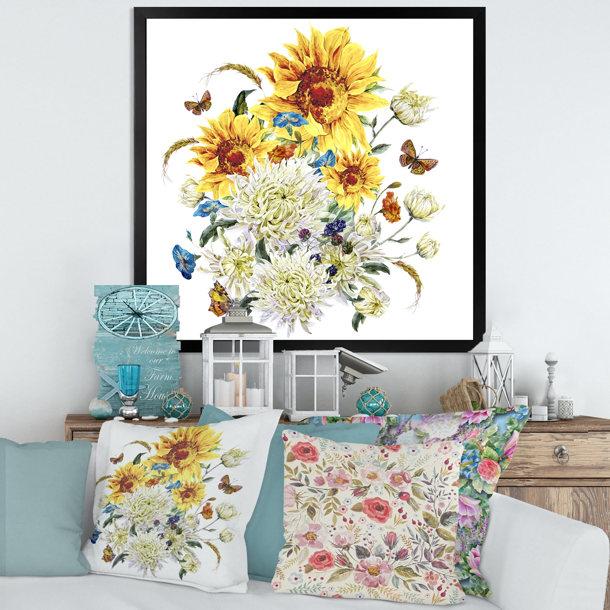Designart 'Ancient Chrysanthemums and Sunflowers' Traditional Framed Art Print