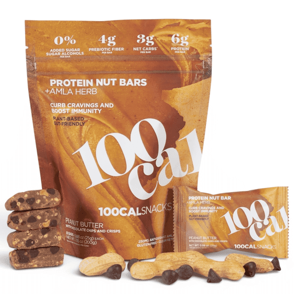 100 Cal Snacks Peanut Butter Chocolate Chip Protein Bars Vegan, Keto, Zero Added Sugar, High Fiber, 100 Calorie, Gut Healthy, Gluten Free Snack Bars, 8 Count