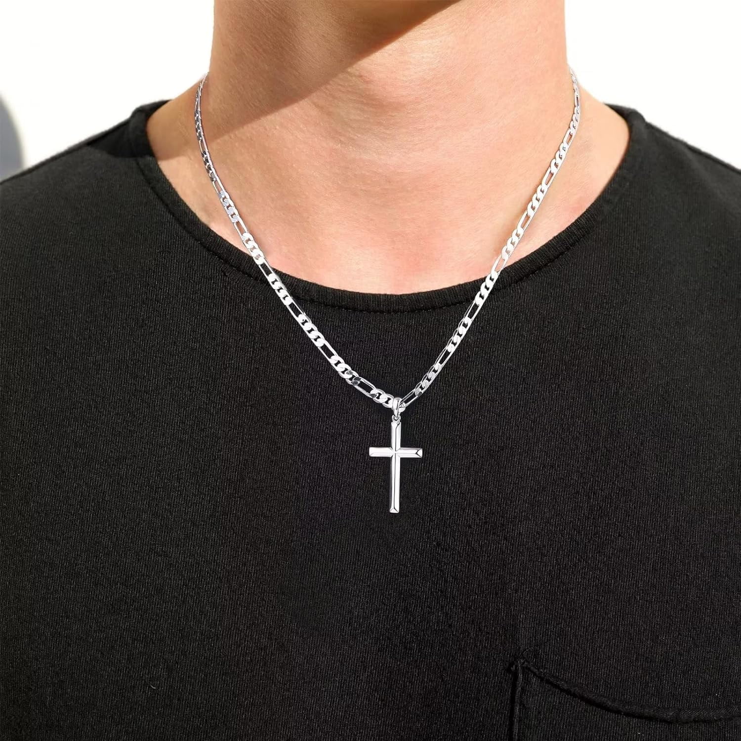 Miren S925 Sterling Silver Cross Pendant Cross Necklace for Men, Mens Cross Necklace 18K Gold Plated Silver Black Figaro Chain Necklace for Men Women 16 18 20 22 24 Inch Cross Necklace