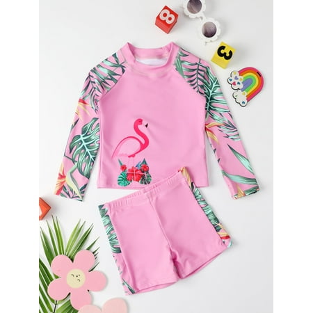 

Toddler Girls Flamingo Plant Print Shorts Bikini Swimsuit S221904X Pink 90(1-2Y)