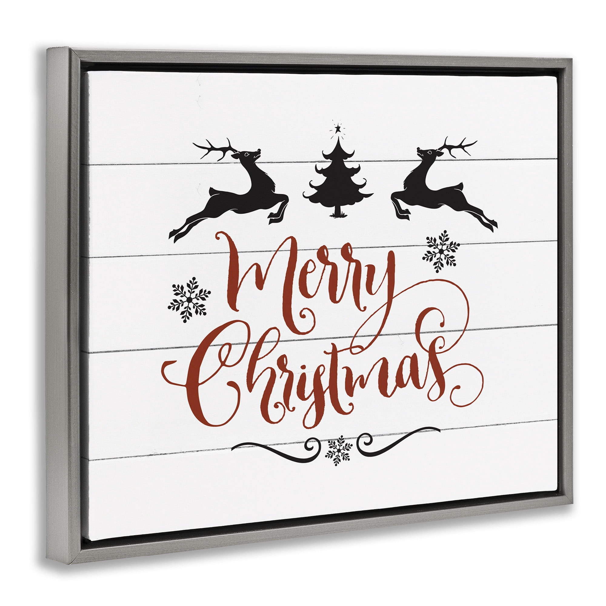 Stupell Industries Merry Christmas with Reindeer Holiday Painting Gray Floater Framed Canvas Art Print Wall Art, 21 x 17