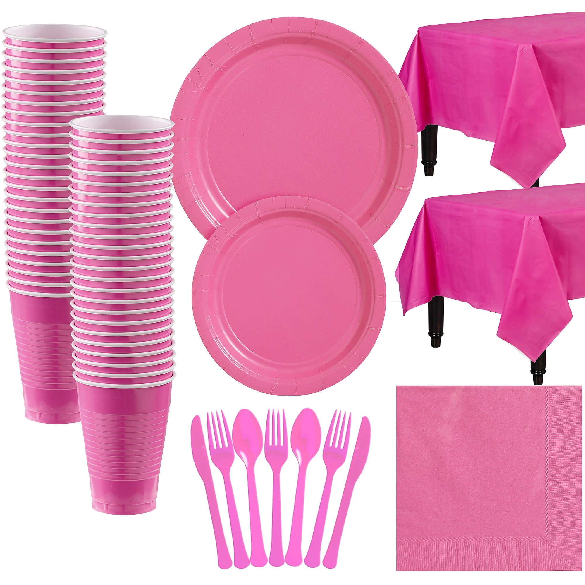 Bright Pink Paper Tableware Supplies for 50 Guests, Includes Table