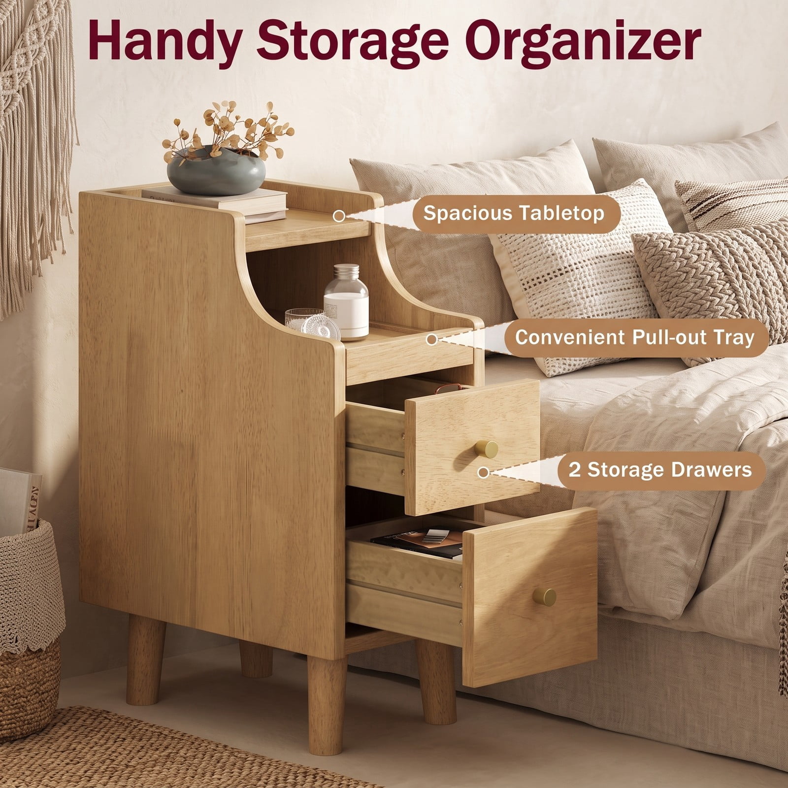 Furnibear Set of 2 Solid Rubber Wood Nightstands with Pull-out Tray and 2 Storage Drawers for Bedroom Living Room and Small Spaces, Natural