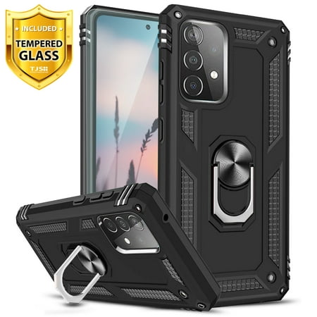 TJS Compatible with Samsung Galaxy A52 5G/A52 4G/A52s Case, with [Tempered Glass Screen Protector] Impact Resistant Metal Ring Magnetic Support Heavy Duty Kickstand Protector Phone Cover (Black)