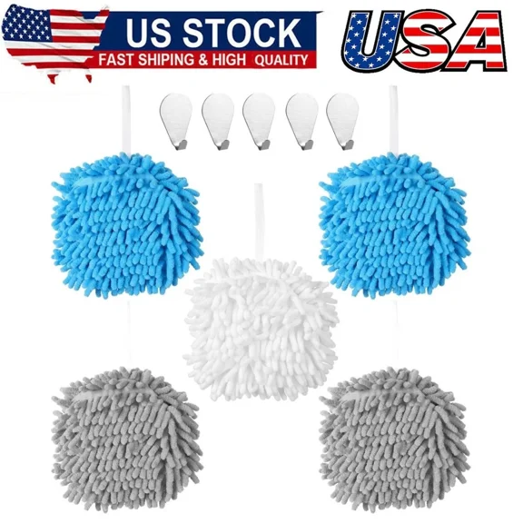 5Pcs Fluff Ball Hand Towels Kitchen Towels Bathroom Hand Towels W/5 Wall Hook