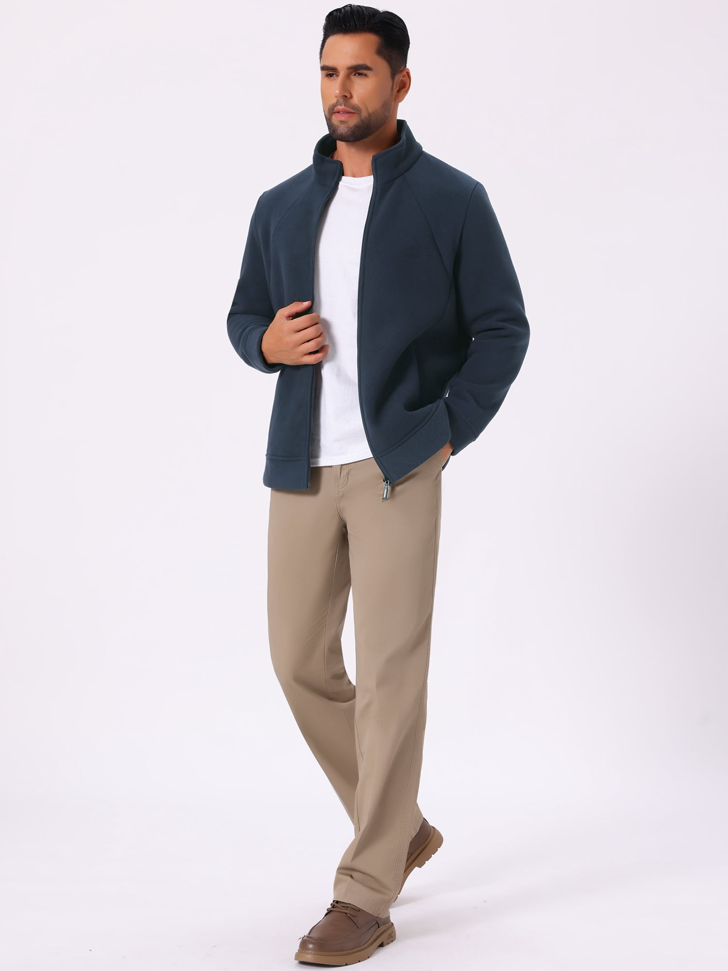 DARING DIVA Men's Winter Solid Stand Collar Zipper Soft Fleece Jacket L Blue