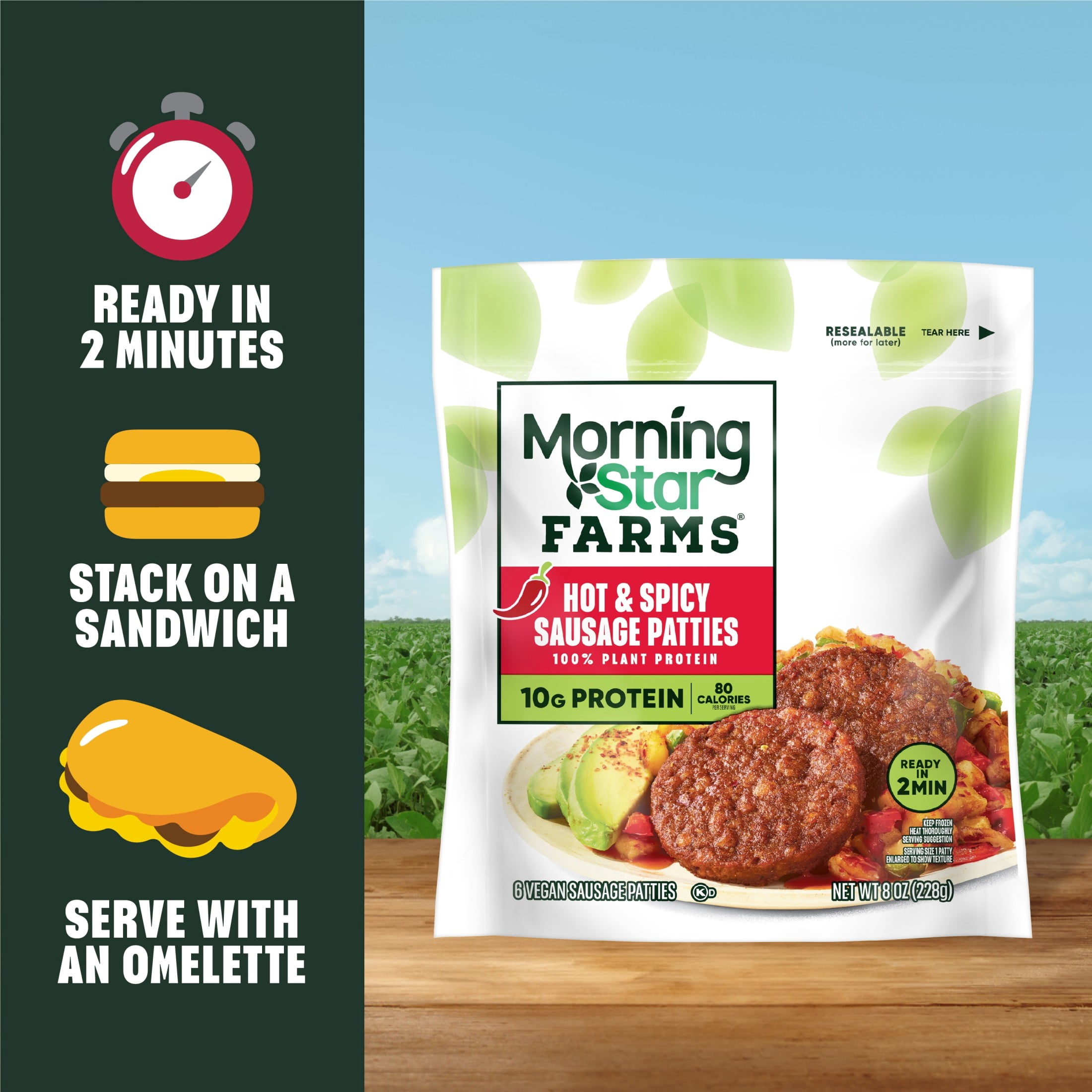 MorningStar Farms Veggie Breakfast Hot and Spicy Plant Based Sausage Patties, Vegan Meat, 8 oz, 6 Count (Frozen)