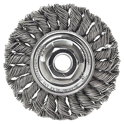 

Standard Twist Knot Wire Wheel 6 in D x 1/2 in W .023 in Steel 5/8-1/2 Arbor | Bundle of 5 Each