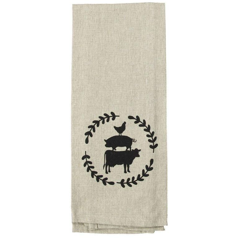 Farmhouse Kitchen Towels Farm Dish Towels Pig Rooster Chicken Cow Black Tan  Towels 5 piece 