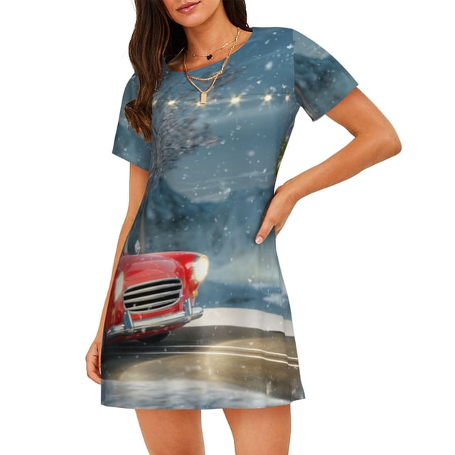 Disketp Santa Claus para Camisón Corto de Manga Corta para Mujeres, Camisón Cómodo con Escote Redondo, Bonito y Confortable