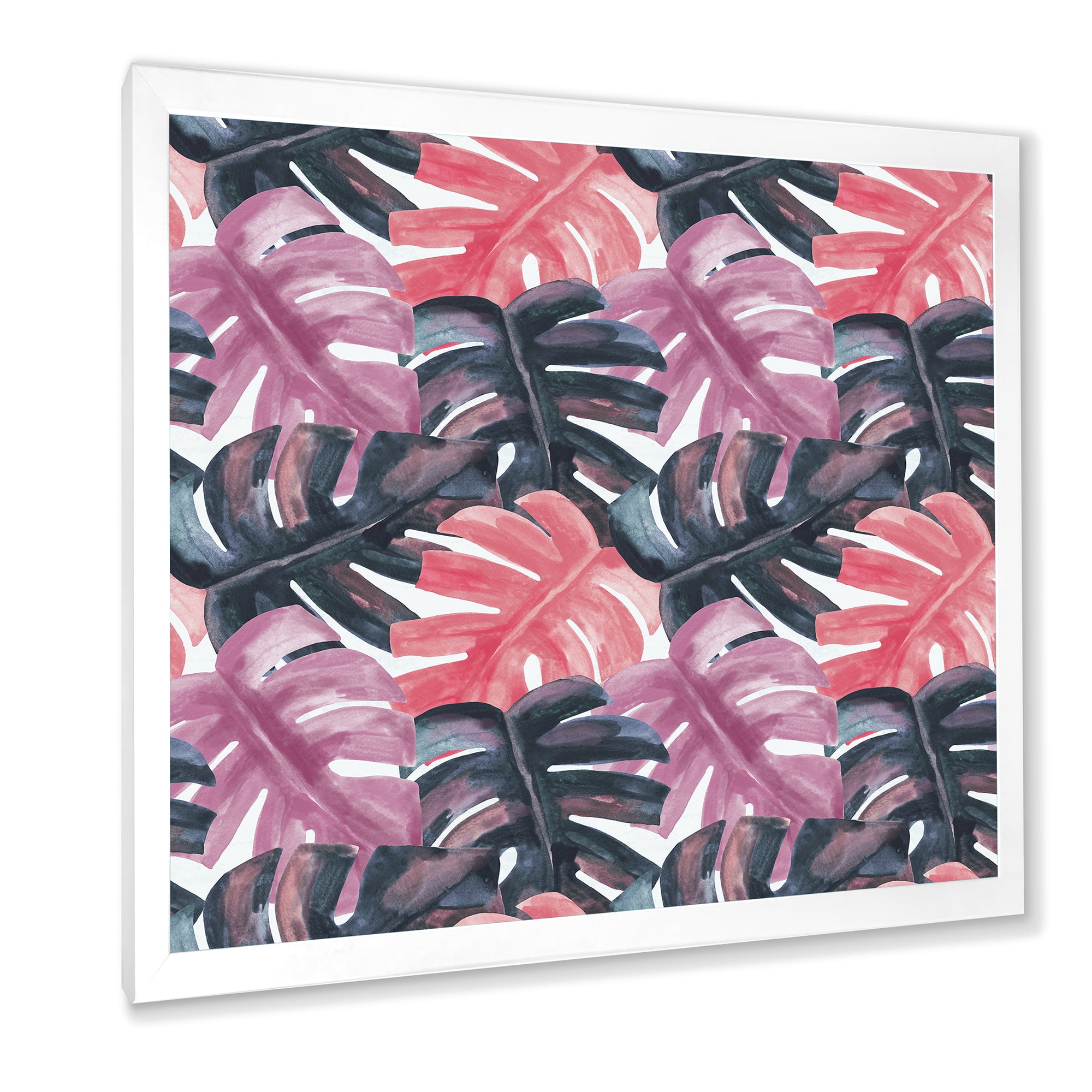 Designart 'Black and Red Monstera On Rough Brush Strokes II' Tropical Framed Art Print