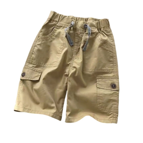 WAYUTE Boys Pants Toddler Kids Elastic Waist Knit Contton Summer Knee Length Lightweight Chino Pants with Pockets and Drawstring Casual Outdoor,5-6 Y,Khaki