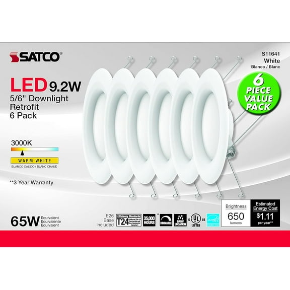 6Pk - Satco 9.2 Watt LED 5-6 in 90 CRI 3000K Warm White Downlight Retrofit