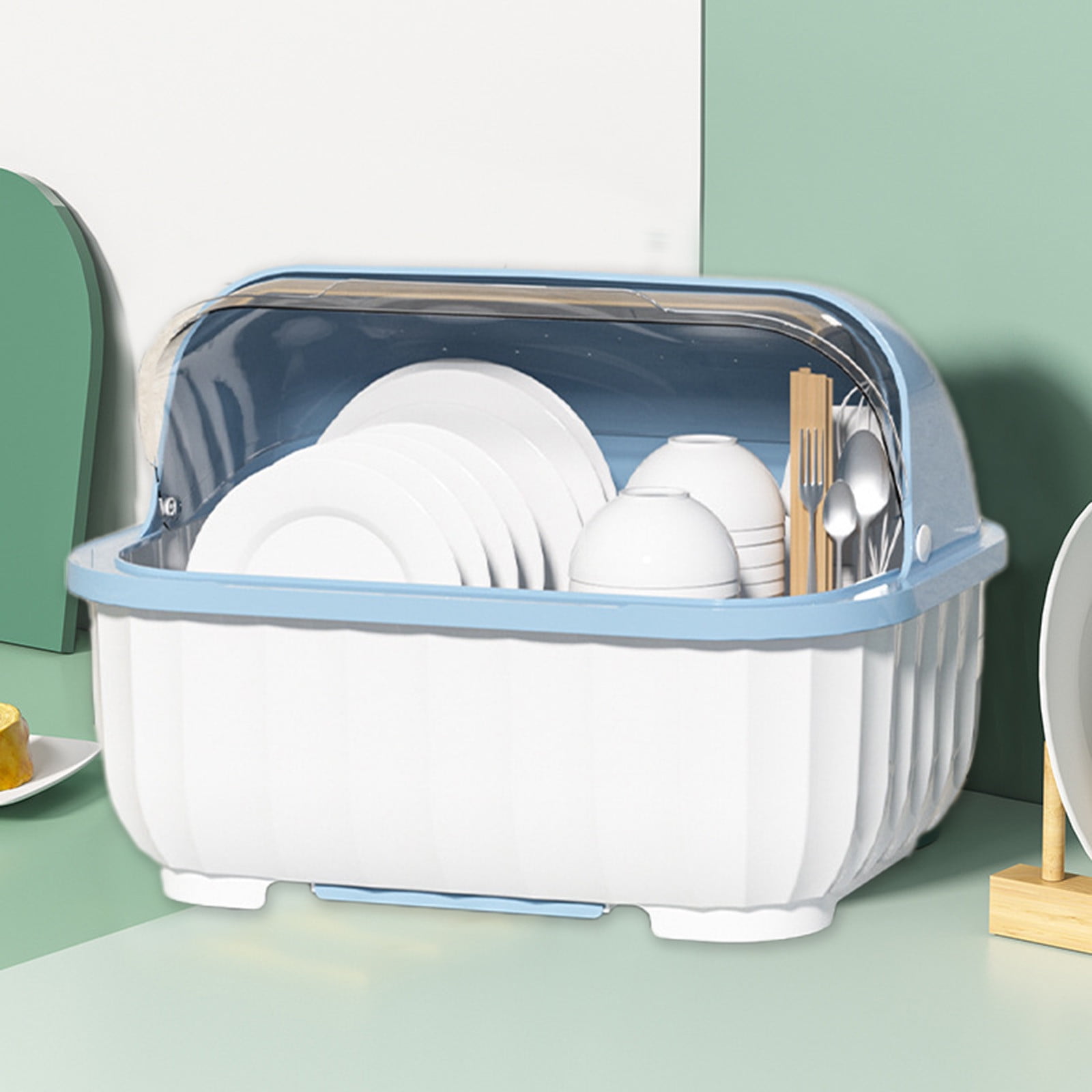 Portable Dinnerware Drainer Organizer,Dish Racks with Lid Cover for Kitchen Counter Plastic Kitchen Cabinet Organizer Dish Drying Rack Utensil Holder Plates Bowls Saving Space
