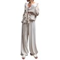 thumbnail image 2 of Women Ruffle V Neck Tie Front Flare Sleeve Crop Shirt Wide Leg Pants 2 Piece Casual Outfit Set Color S, 2 of 10