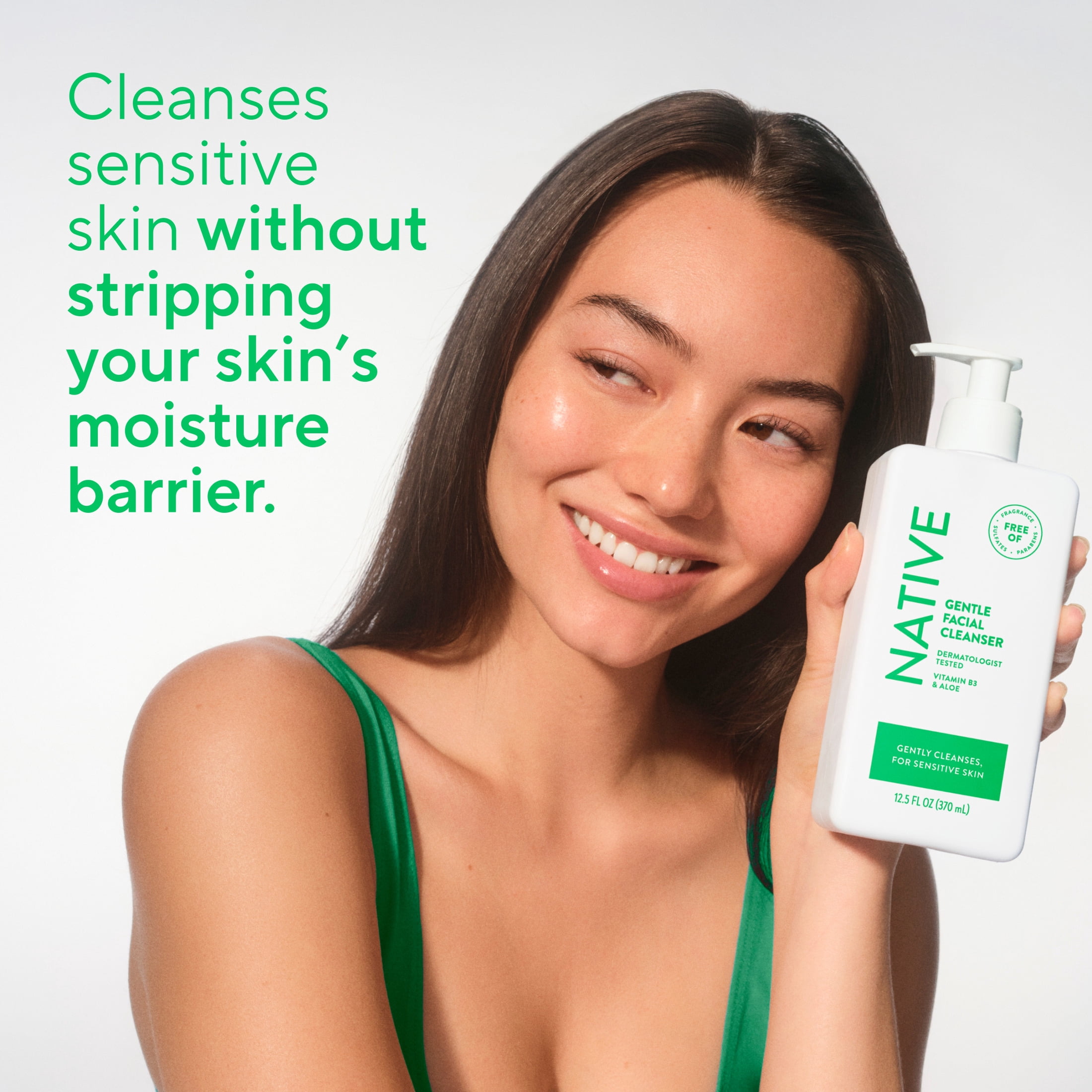Native Gentle Face Wash for Sensitive Skin, Fragrance Free, Sulfate Free, with Vitamin B3 and Aloe, Dermatologist Tested, 12.5fl oz