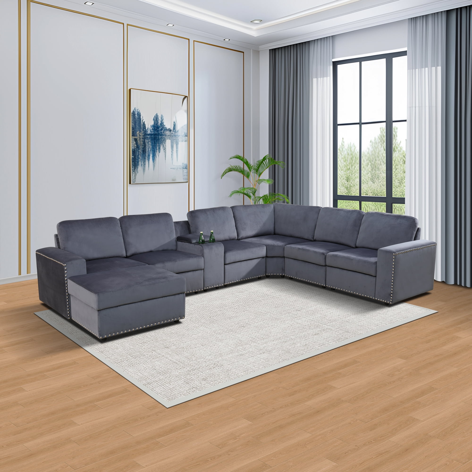 Gewnee 6 Seat Sofa Set with Ottoman, Microfiber Upholstered Sofa, Solid Wood Frame, Storage Console with Cup Holders, Living Room, Dark Gray