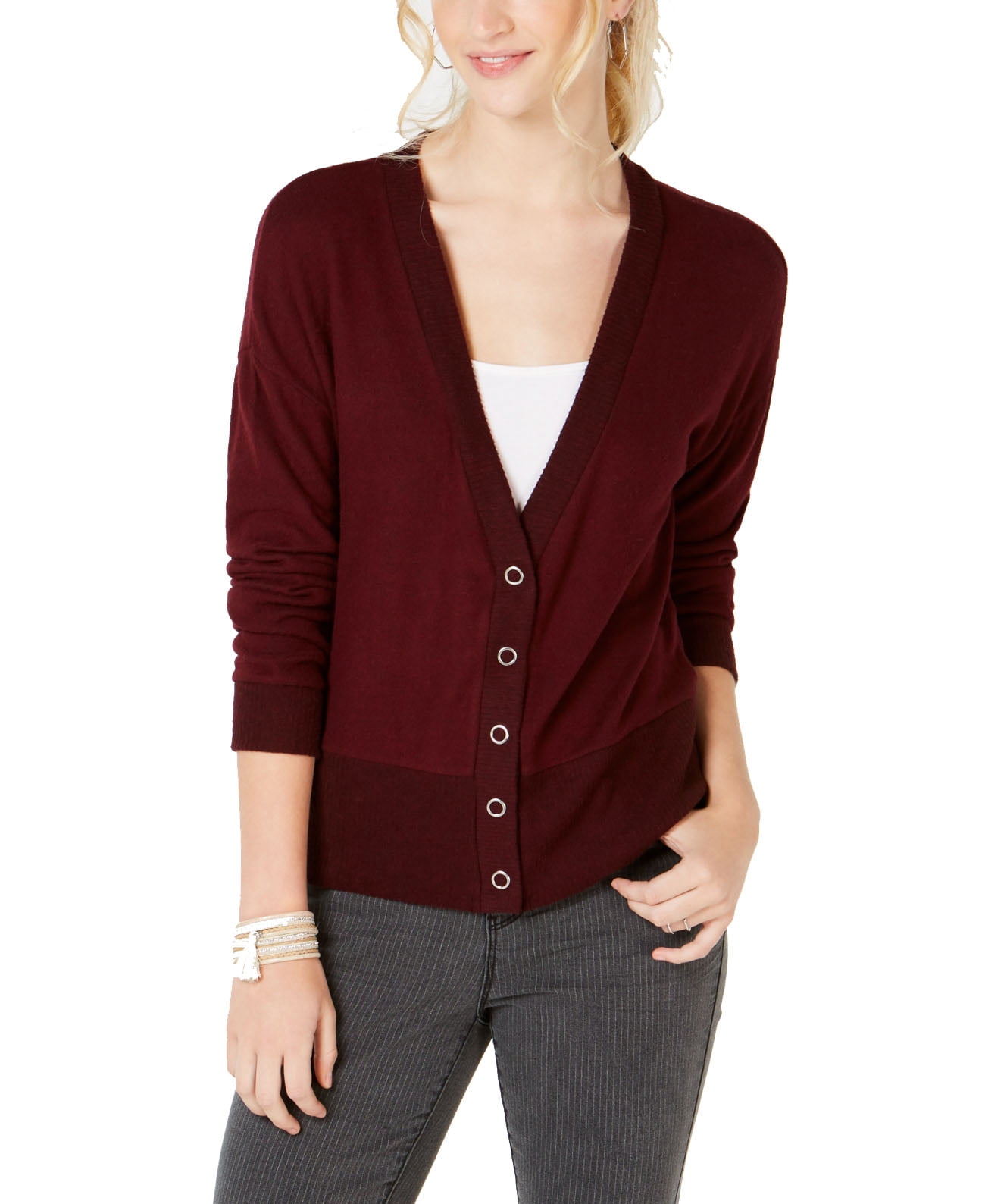 Hippie Rose Juniors Snap-Front Hacci Cardigan (Wine)