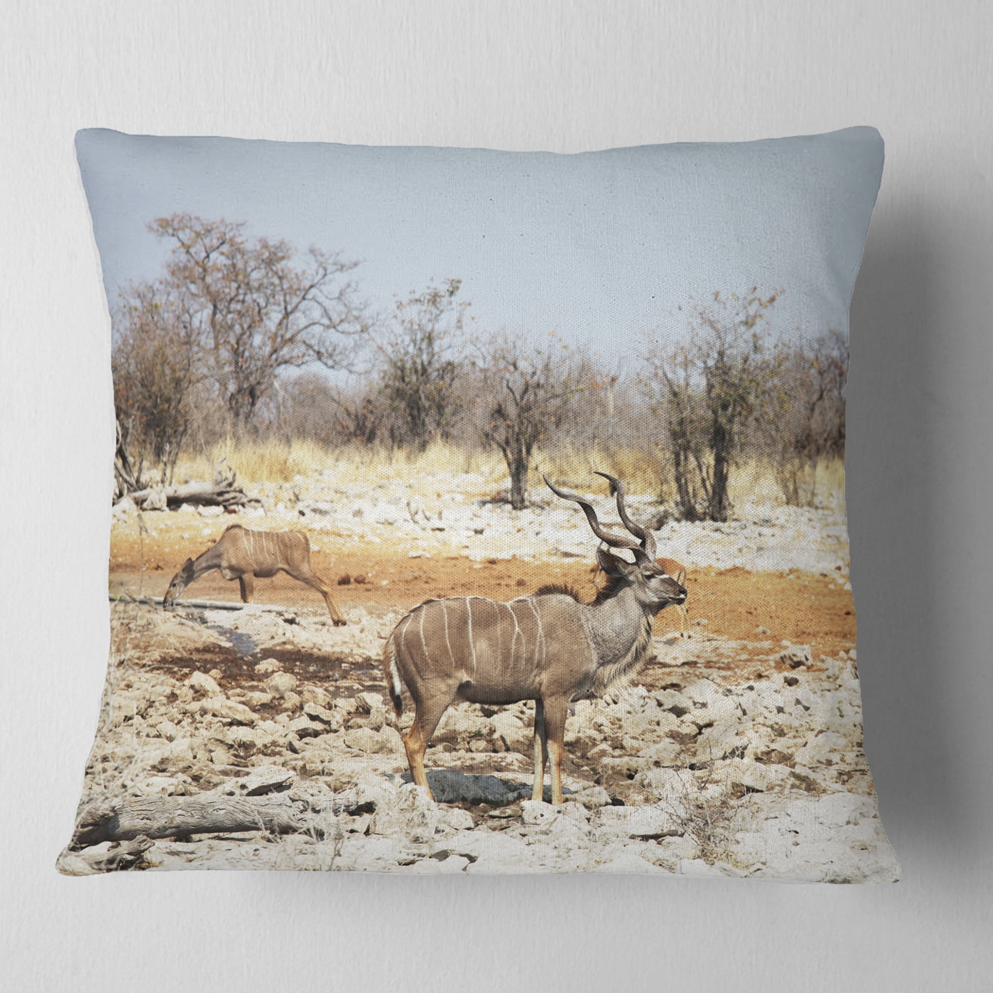 Designart Two Smart Wildebeests in Jungle - Landscape Printed Throw Pillow - 18x18