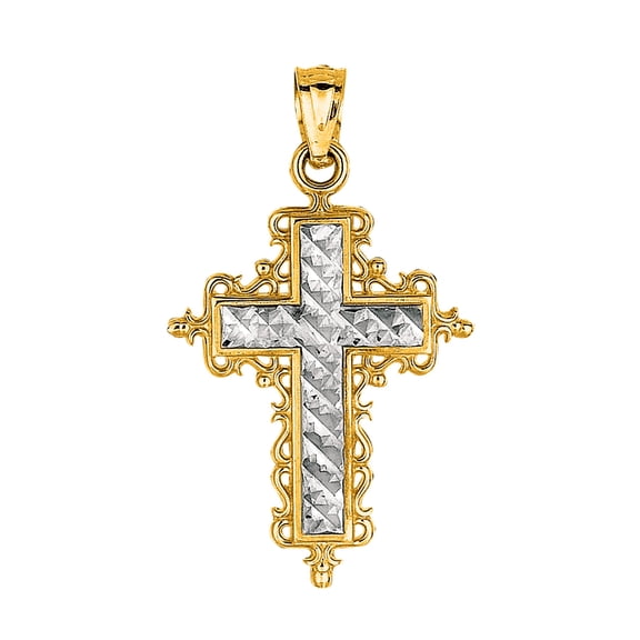 14k 2 Tone Gold Diamond Cut Round Filigree Design Cross Pendant