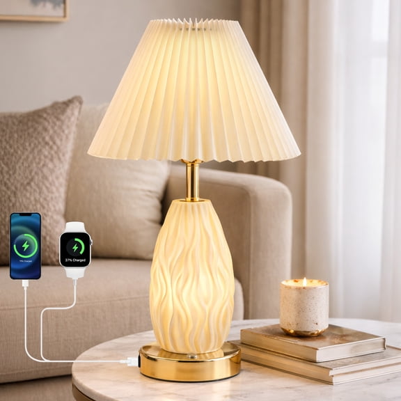 HadinEEon 17.5" Table Lamp with USB A&C Ports and Night Light, Touch Control 3 Way Dimmable Beside Lamp, for Bedroom Living Room Office, Beige