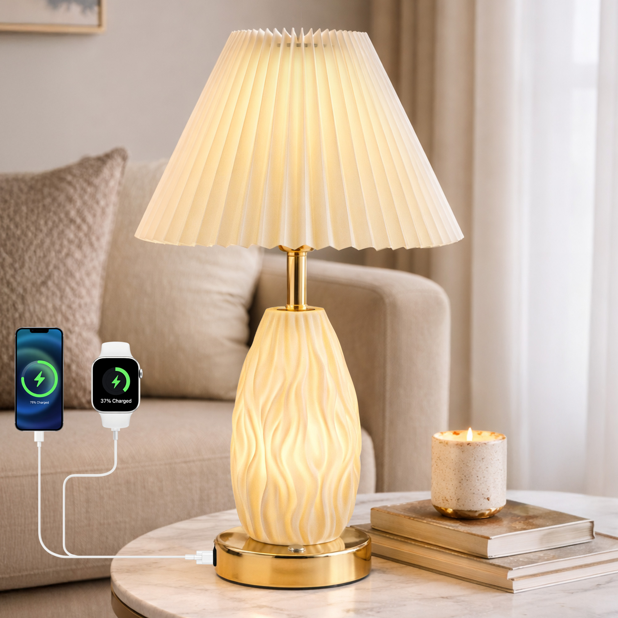 HadinEEon 17.5" Table Lamp with USB A&C Ports and Night Light, Touch Control 3 Way Dimmable Beside Lamp, for Bedroom Living Room Office, Beige