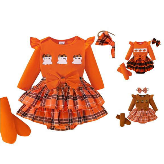 Zylarhe Kids Halloween Romper Set Plaid Prints Ruffles Shorts Outfit Boys Girls Orange 0-3 Months
