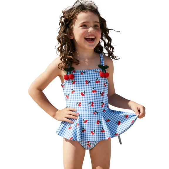 Guluxicc Girls One Piece Swimsuit Spaghetti Strap Ruffle Swimwear Cute Gingham Cherry Print Bathing Suit
