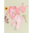 thumbnail image 2 of Elippeo Baby Girls Easter Infant Baby Girls Boys Pants Sets 3M 6M 12M 18M Long Sleeve Letter Bunny Print Romper Tops Striped Pants Hat Set, 2 of 9