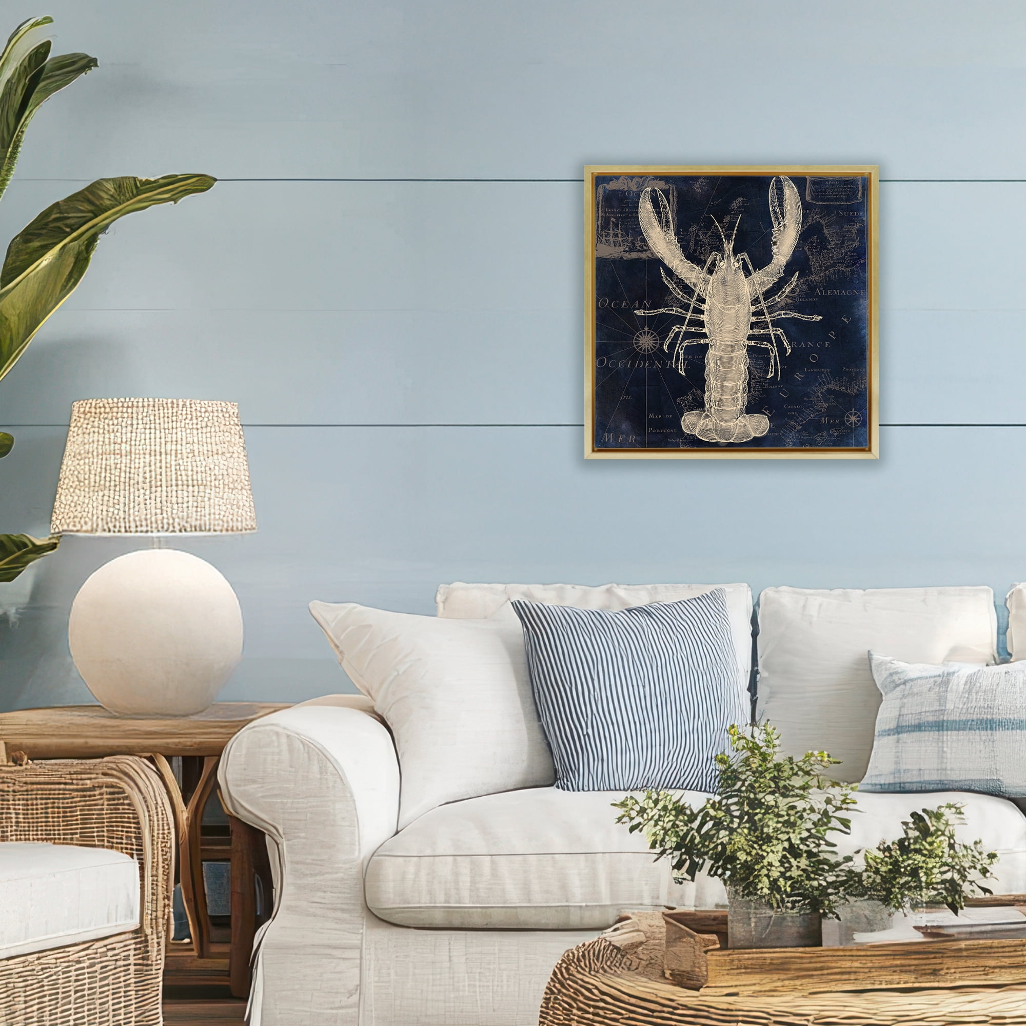 Lobster Contour over Map Gold Framed Floater Canvas Wall Art, design by Sasha