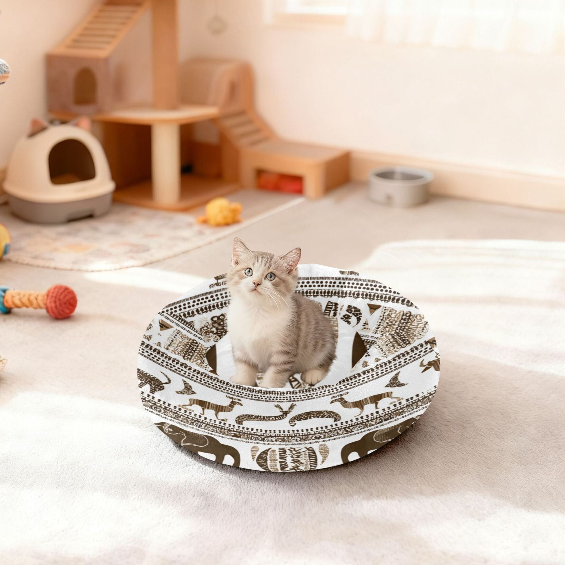 Iauyy Pet Couch Donut Cat Bed for Indoor Cats/Small Dogs Washable & Machine with Non-slip Bottom Calming Cat Furniture, Newt Art Style (M)