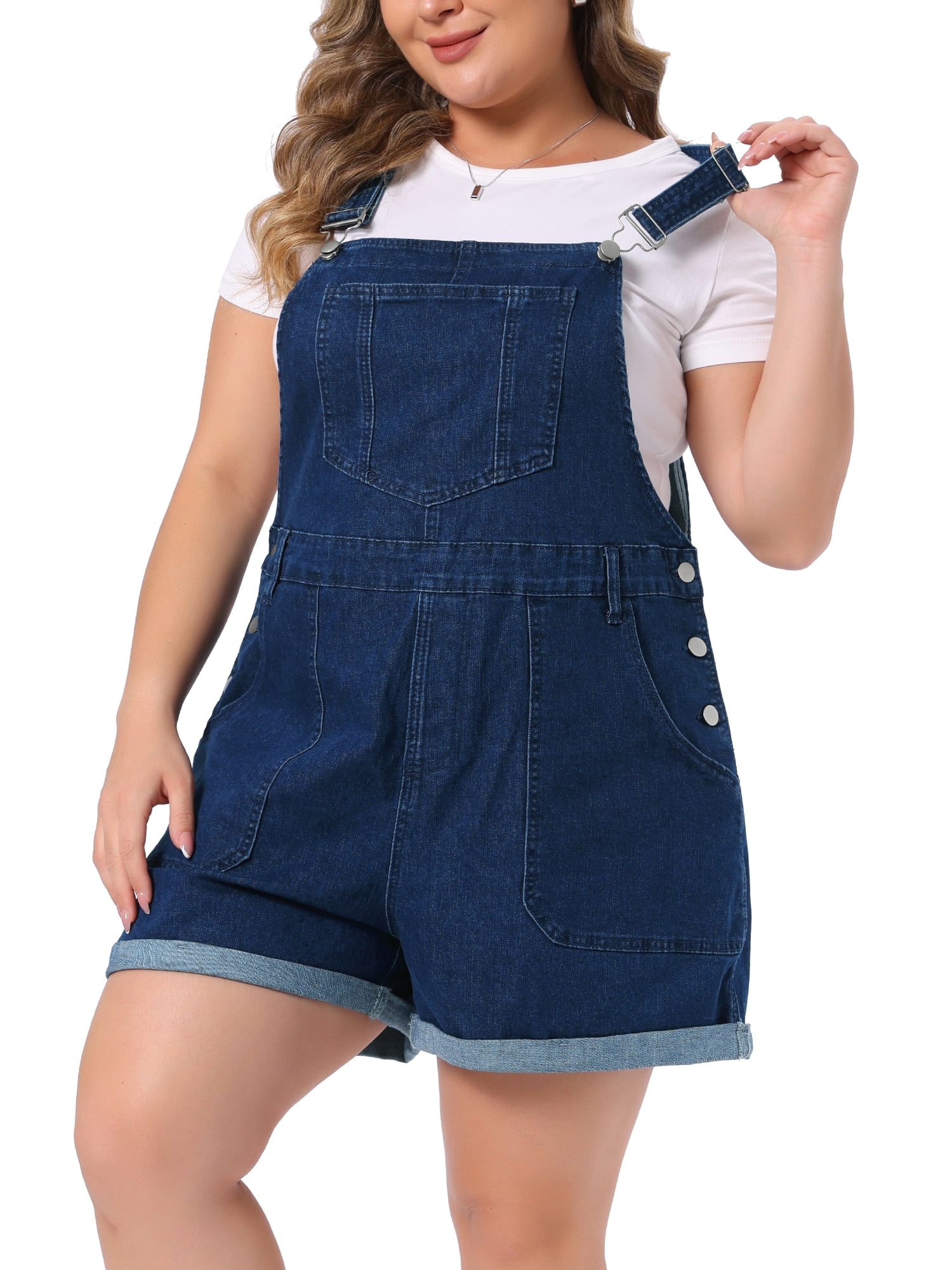 DARING DIVA Women's Plus Denim Overall Adjustable Straps Shorts 2X Dark Blue