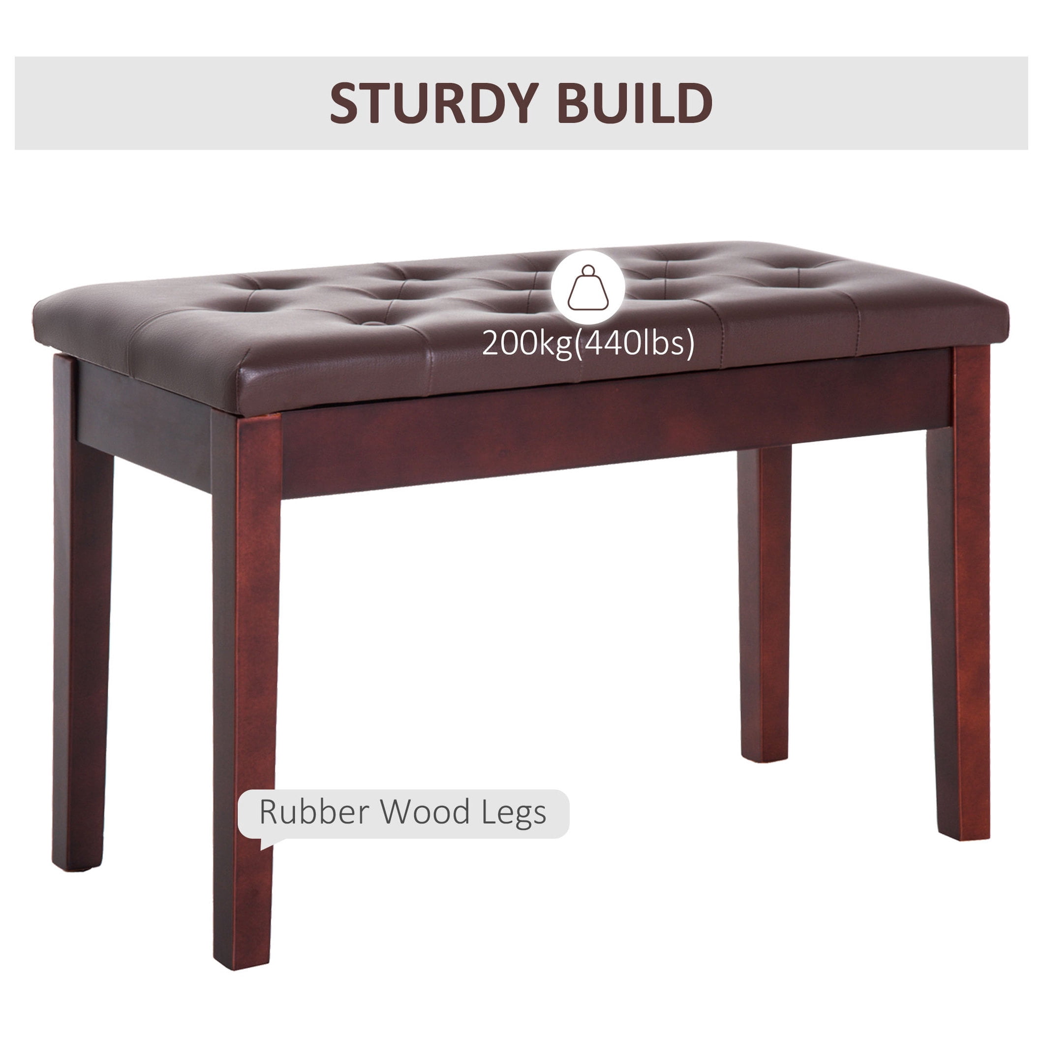 Piano , Duet Piano Chair with Faux Leather Padded Cushion and Wooden Frame, Button Tufted Keyboard , Brown