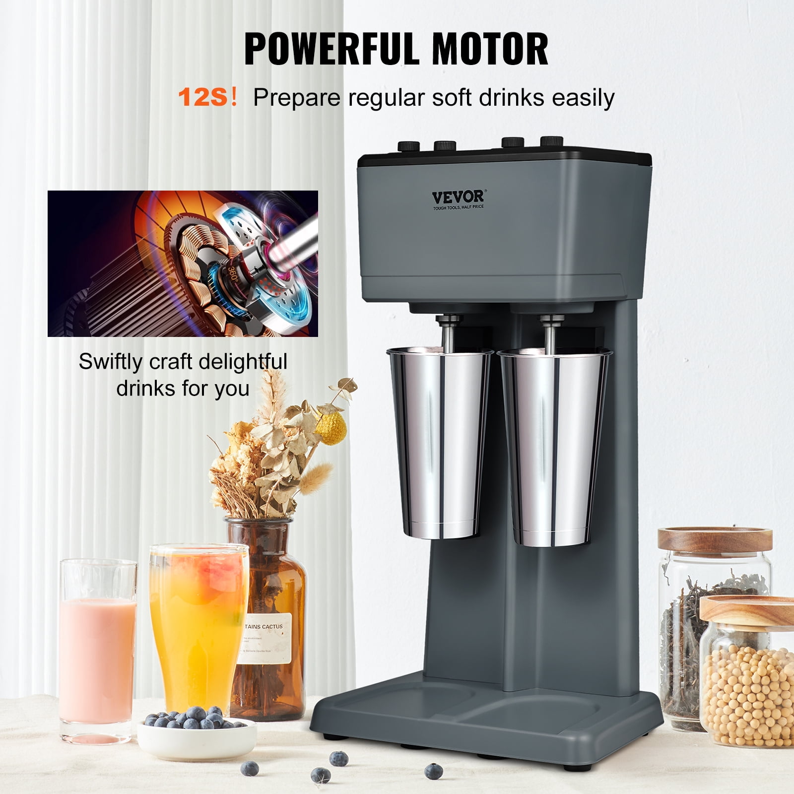 VEVOR Milkshake Machine, 375W x 2 Milkshake Maker Mixer, Dual Head Drink Mixer Blender Machine, 3-Speed Milkshake Blender with 2 x 820ml Stainless Steel Cup for Commercial