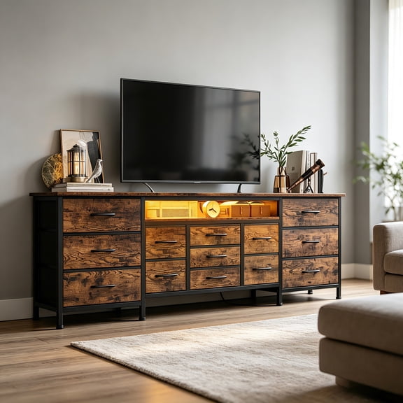 TV Stand Entertainment Center with RGB LED Lights and 13 Storage Drawers, Indoor Dresser Unit Compatible with 65-80 Inch TVs for Living Room Bedroom