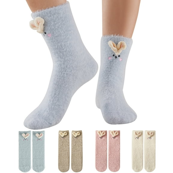 LDU Women's Thermal Crew Socks, Heavyweight Plush Lined with Kawaii Bunny Design for Winter, 6 Pairs