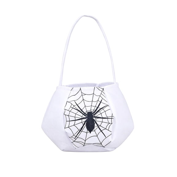 Halloween Candy Bag, Spider Web Print White Fabric Handheld Tote, 1 Pack Portable Treat Bag for Kids Halloween Party Favors Trick or Treat Goodies Storage Holiday Gift Giving