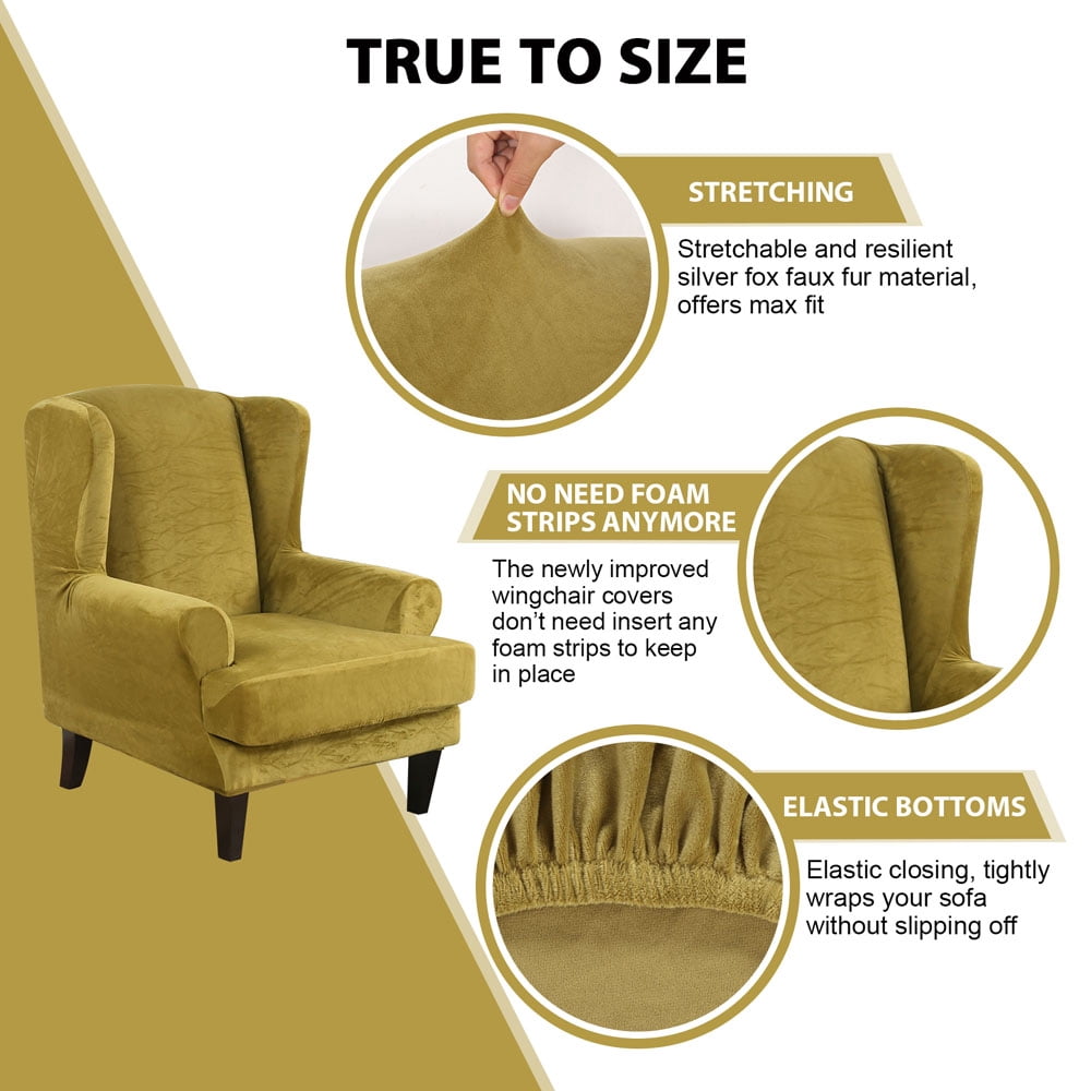 Topchances Stretch Wingback Chair Sofa Slipcover 2-Piece Velvet Plush Sofa Cover Furniture Protector Couch Soft with Elastic Bottom, Light Green