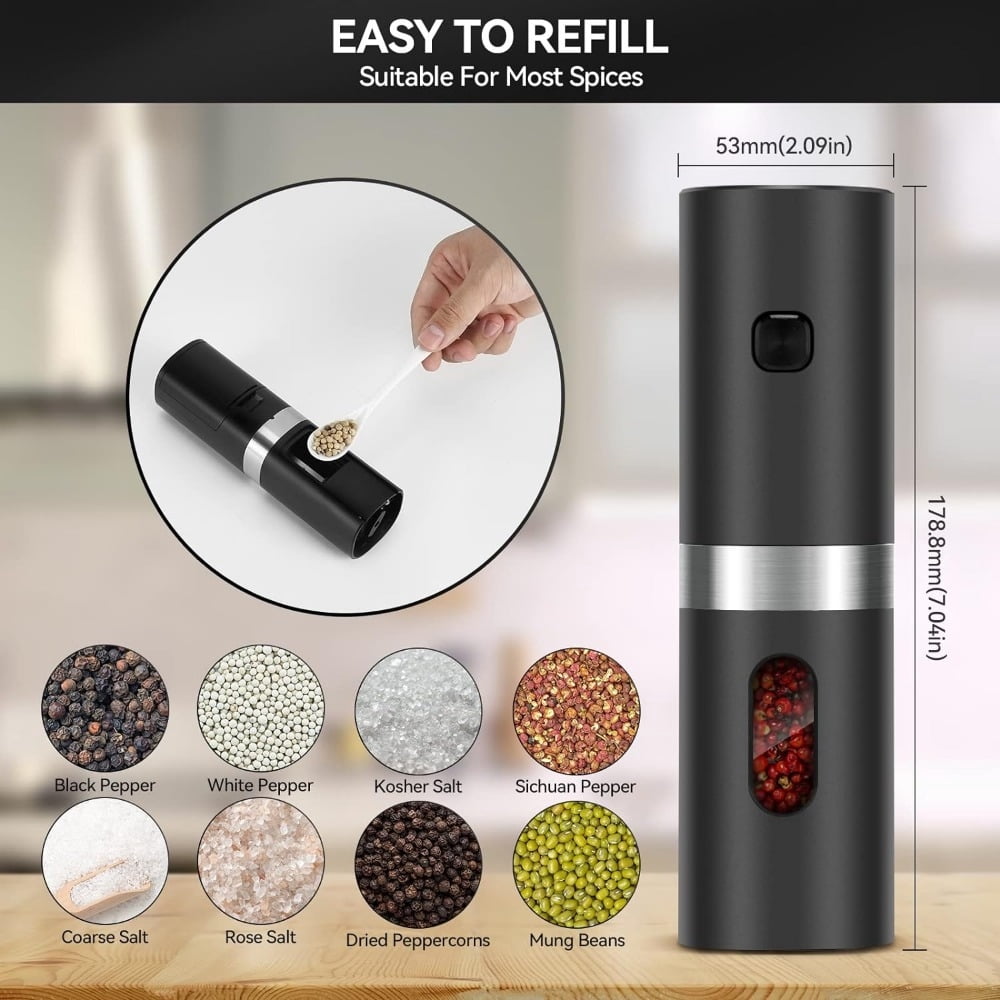 Electric Salt and Pepper Grinder Set, Automatic Salt & Pepper Mill Refillable with Rechargeable Base, USB Cables, 2 Adjustable Coarseness Mills, One Hand Operation, LED Light