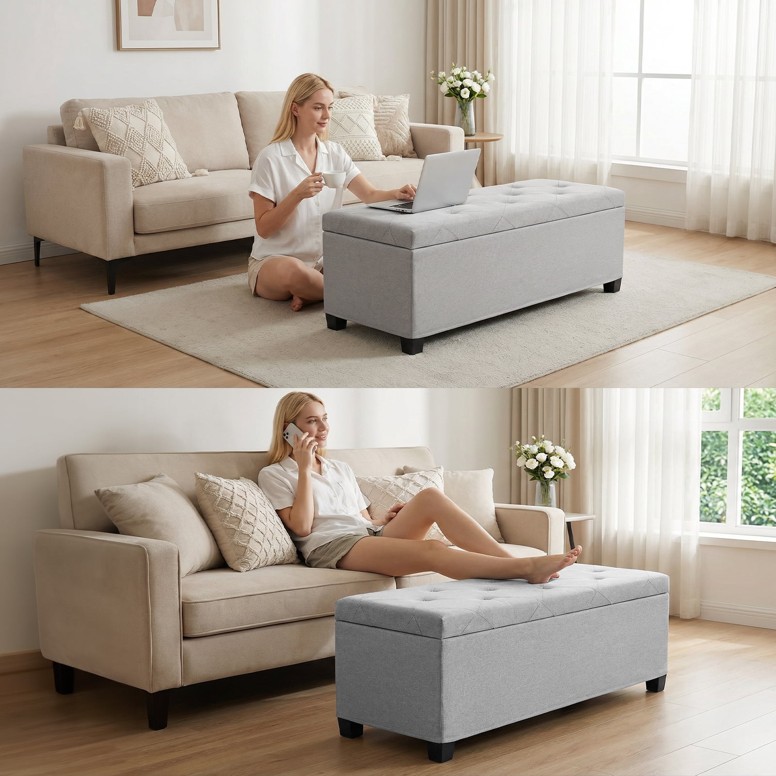 EDX 43 lnch Storage Ottoman Bench with Removable Cover, Upholstered Bed Bench for Living Room, Bedroom