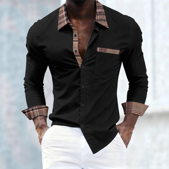 Ceisia Men's Slim-Fit Plaid-Patchwork Long-Sleeve Button-Down Shirt Multi-Solid for Winter Gift