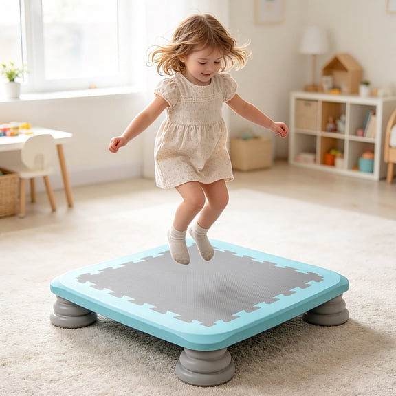 Funjoypals 25.6 inch Quiet Indoor Mini Trampoline for Kids, Sensory Training Space-Saving Home Fitness Trampoline, Blue