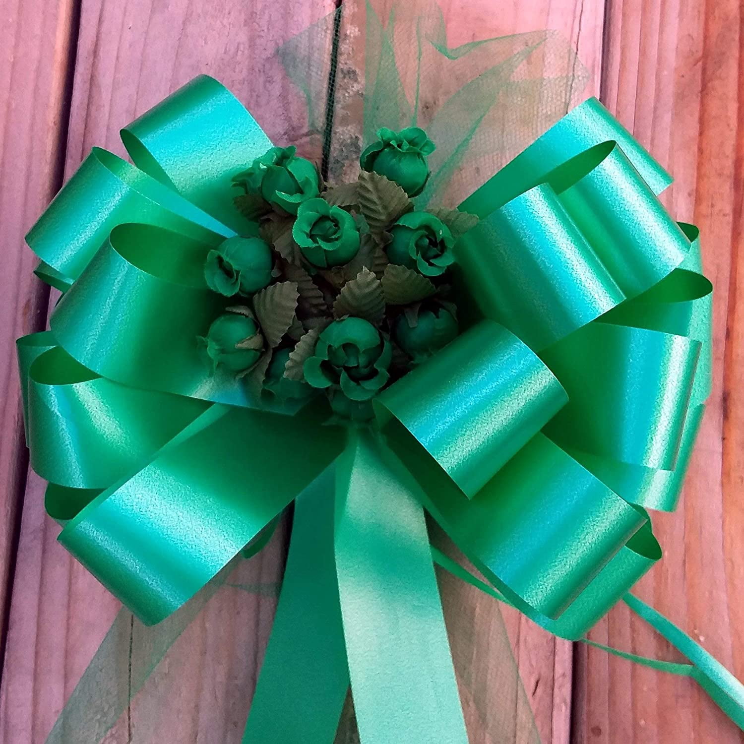 Emerald Green Pull Bows with Tulle Tails and Rosebuds - 8" Wide, Set of 6, Christmas, Wedding, St. Patrick's Day
