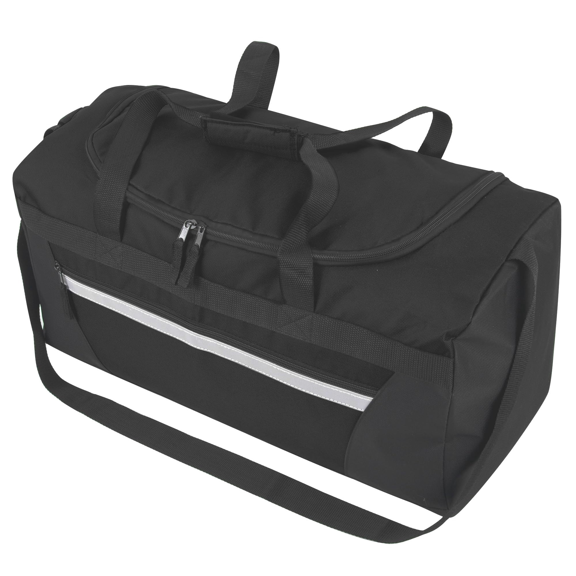 24 Pack of Bulk Wholesale 40 Liter 22 Inch Duffle Bags with Reflective Stripe, Front Accessory Pocket, Velcro Handles and Luggage Strap for Sports, Gym & Traveling in Black