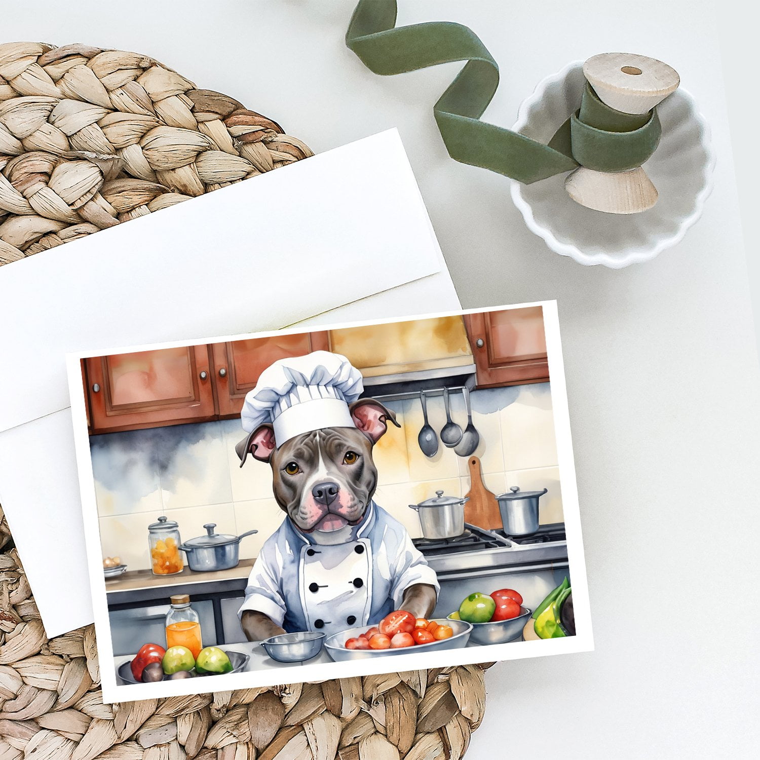 Pit Bull Terrier The Chef Greeting Cards Pack of 8 7 in x 5 in