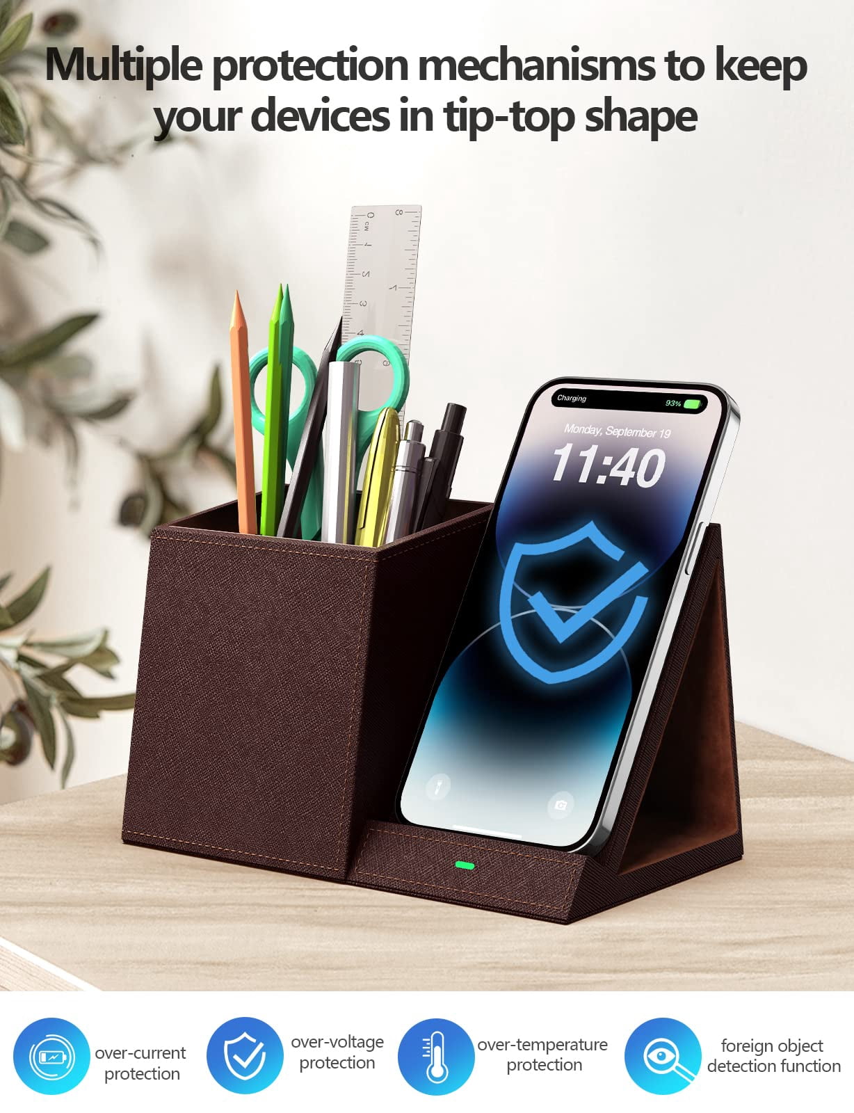 Extrelife Desk Organizer with Wireless Charging for iPhone, PU Leather with Pencil Holder for Desk & Nightstand, Brown