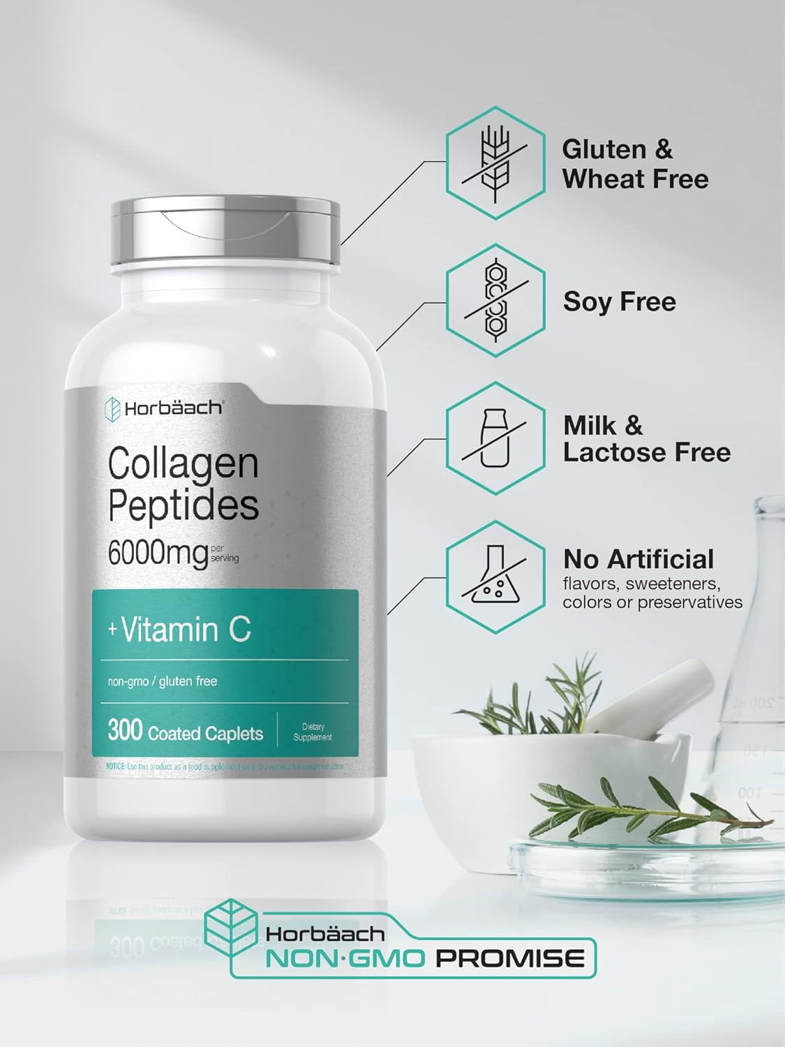 Collagen Peptides 6000mg | 300 Caplets | with Vitamin C | by Horbaach